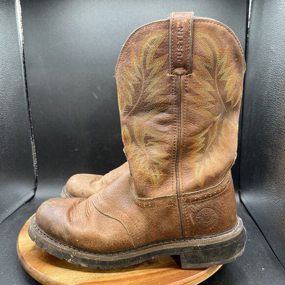 Justin Mens Size 9 D Brown Leather Boots Pull On Cowboy Soft Toe Shoes WK4655 - Picture 1 of 10